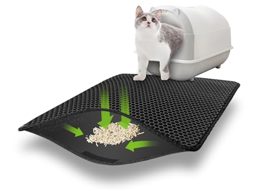 Katzenklo Matte, 60x40CM Waben Katzenstreu Matte, Doppelte wasserdichte und rutschfeste mit Klettverschluss und Großes Loch Design, Katzenmatte Cat Litter Mat Schwarz von Generic