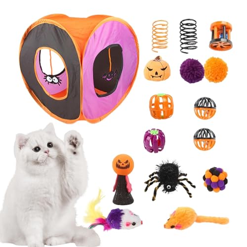 Kitten Starter Kit Bundle – Interaktives Katzenspieltunnel-Spielzeugset, Katzenunterhaltungsspielzeug | Halloween Katze Feder Zauberstab Ball Frühling Mäuse Spielzeug, faltbare quadratische Kanal Kätz von Generic