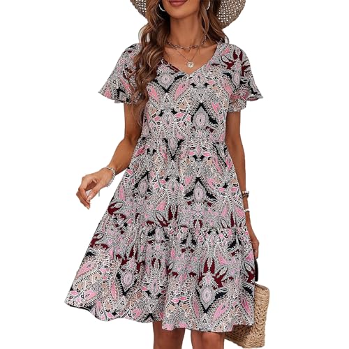 Kleid mit Rüschensaum, Lässiges, Kurzärmliges Damenkleid mit V-Ausschnitt, Blumendruck, für den Frauenurlaub (L) von Generic