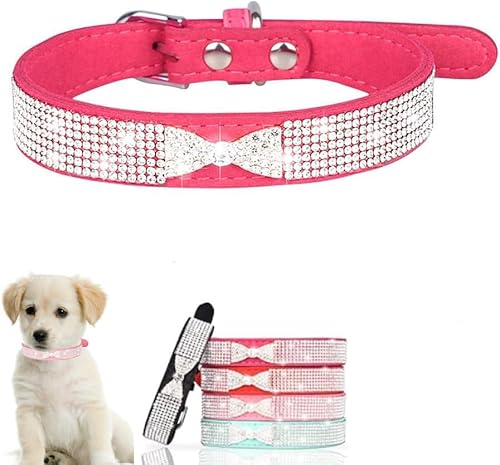 Kleine Hundehalsbänder für Hündinnen, niedlicher glitzernder Strass-Kristall mit Fliege, glitzerndes Schmuckstein-Diamant-Welpenhalsband für XS, kleine, mittelgroße Haustiermädchen (Rose, S) von Generic