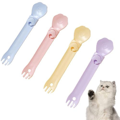 Leckerli-Löffel für Katzen, Nassfutter-Löffel für Katzen | 4er-Pack Katzenfutterspender Happy Spoon,Katzen-Stick-Futterspender, zusammendrückbarer Katzen-Fütterlöffel, Streifen-Quetschlöffel für Katze von Generic