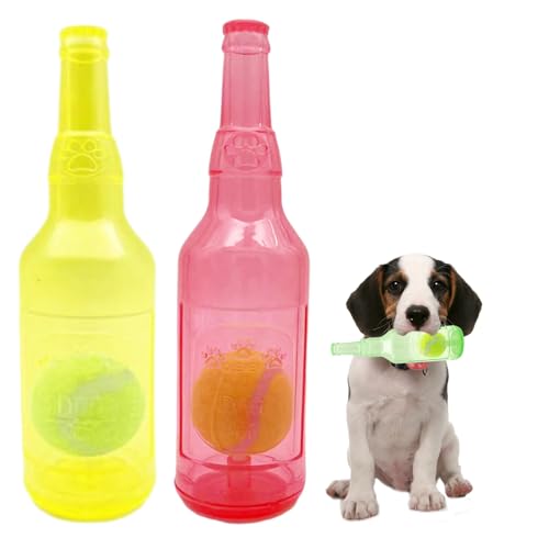 Pet Chew Beer Bottle mit Tennisball, Unzerstörbares Hundespielzeug für aggressive Kauer, interaktives quietschendes Hundespielzeug mit Tennisball im Inneren (gelb+rot, groß (7,4 x 24,9 cm) von Generic