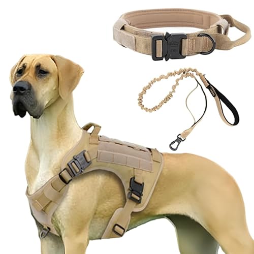 Taktisches Hundegeschirr mit Griff, Halsband und Leine, Hundegeschirr, kein Ziehen, Hundegeschirr mit Patches, verstellbare Schnallen für Hunde, ausbruchsicheres Hundegeschirr (Khaki-Large) von Generic