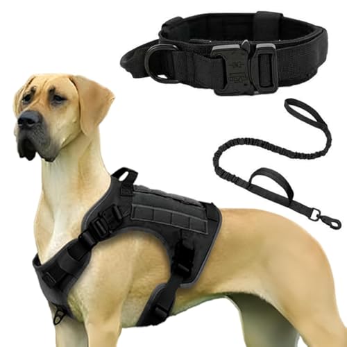 Taktisches Hundegeschirr mit Griff, Halsband und Leine, Hundegeschirr, kein Ziehen, Hundegeschirr mit Patches, verstellbare Schnallen für Hunde, ausbruchsicheres Hundegeschirr (Schwarz, XL) von Generic