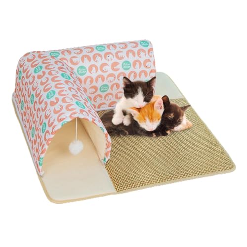 Tragbares Katzentunnelbett | Kühlendes Spielbett für Katzen | Katzentunnel-Spielbett | 2-in-1-Katzenspieltunnel mit Teppich, waschbare Betthöhle, perfekt für den Innenbereich, mit Plüschball, flauschi von Generic