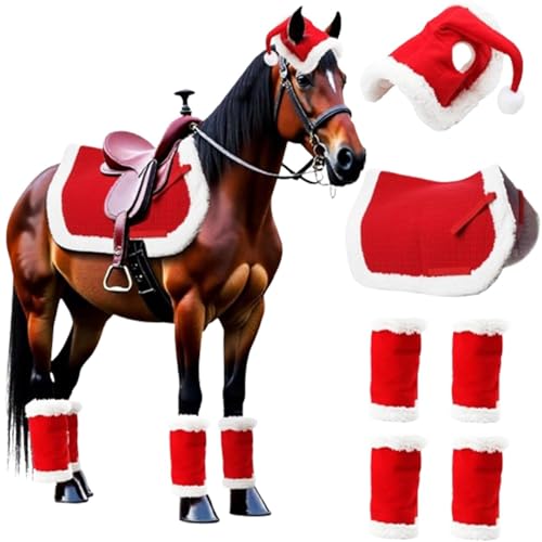 Weihnachts-Pferdekostüm-Zubehör, Weihnachtskostüme für - Soft Horse Zubehör | Weihnachtsschabracke, Beinwickel, Weihnachtsmann-Pferdemütze für Feiertage, Weihnachten von Generic