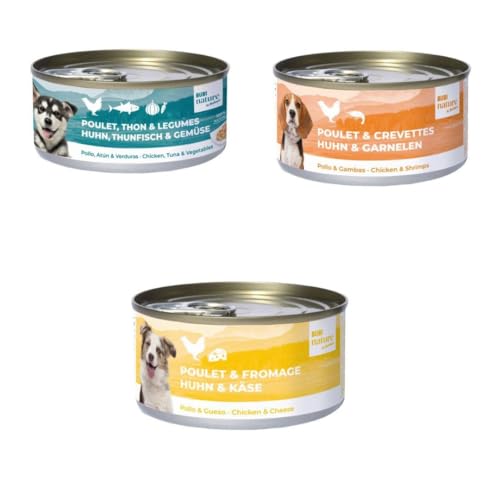 Bubi Nature Komplettes Nassfutter für Hunde, 12 x 70 g, Verschiedene Geschmacksrichtungen, (12 x 70g, 4 x Hühnerbrust und Gemüse, 4 x Huhn und Garnelen, 4 x Huhn und Käse) von Genérico