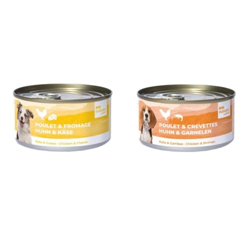 Bubi Nature Komplettes Nassfutter für Hunde, 12 x 150 g, verschiedene Geschmacksrichtungen, (12 x 150 g, 6 x Huhn und Garnelen, 6 x Huhn und Käse) von Genérico