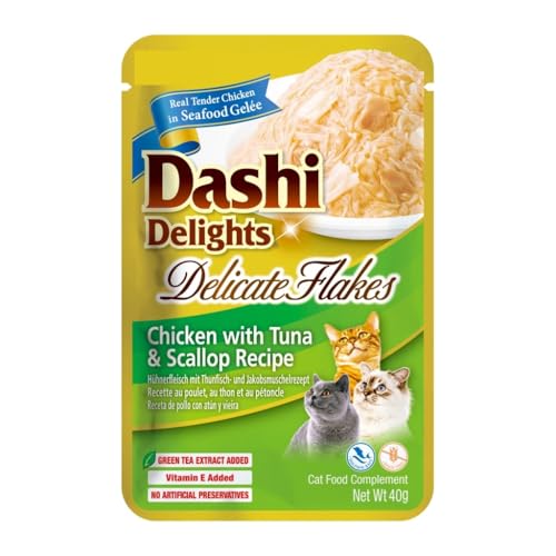 Dashi Delicate Nassfutter für Katzen, Ergänzungsfuttermittel, sehr feuchtigkeitsspendend, 12 x 40 g, verschiedene Geschmacksrichtungen, (12 x 40 g, Huhn, Thunfisch und Jakobsmuschel) von Genérico