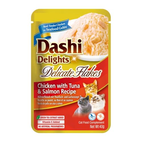 Dashi Delicate Nassfutter für Katzen, Ergänzungsfuttermittel, sehr feuchtigkeitsspendend, 12 x 40 g, verschiedene Geschmacksrichtungen, (12 x 40 g, Huhn, Thunfisch und Lachs) von Genérico