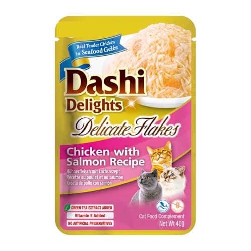 Dashi Delicate Nassfutter für Katzen, Ergänzungsfuttermittel, sehr feuchtigkeitsspendend, 12 x 40 g, verschiedene Geschmacksrichtungen, (12 x 40 g, Huhn und Lachs) von Genérico