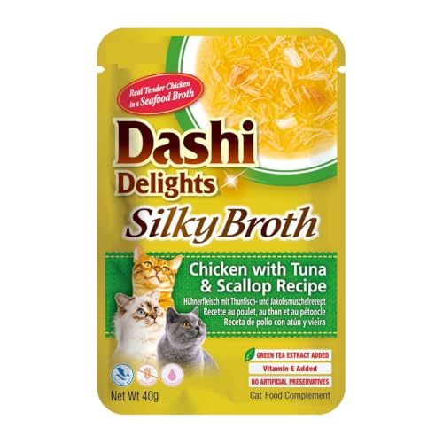 Dashi Silky Nassfutter für Katzen, Ergänzungsfuttermittel, sehr feuchtigkeitsspendend, 12 x 40 g, verschiedene Geschmacksrichtungen, (12 x 40 g, Huhn, Thunfisch und Jakobsmuschel) von Genérico