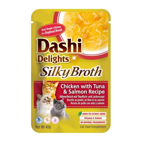 Dashi Silky Nassfutter für Katzen, Ergänzungsfuttermittel, sehr feuchtigkeitsspendend, 12 x 40 g, verschiedene Geschmacksrichtungen, (12 x 40 g, Huhn, Thunfisch und Lachs) von Genérico