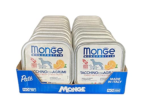 Monge Monoprotein Nassfutter für Hunde nur Truthahn mit Zitrusfrüchten, natürlich ohne Farbstoffe, Konservierungsstoffe und Zuckerzusatz 24er Pack (1 = 150 g) von Generico