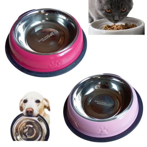 Set mit 2 Schüsseln aus Edelstahl für Hunde und Katzen Haustiere 400 ml Durchmesser 20 cm rutschfeste Schüssel mit Loch für Namen, Welpen, Hundeschüssel, Größe L, Medium, kleines Paar, Farbe (Rosa - von Generico