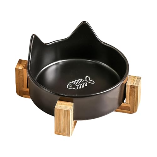 Ceramic Cat Bowls, Anti-all Dog Food Bowl, 4,92 x 4,92 Zoll, Spill-Proof Pet Feeding Dish, Cat Bowl with Wooden Stand, Cute Kitten Ear Design, Tier Water Feeder für Katzen und Hunde von Générique