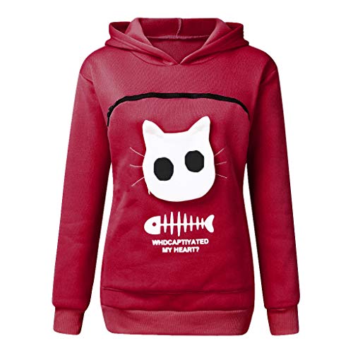 Christmas 2024 New Christmas Tops Hoodie Carry Pullover Bluse Tier Pouch Sweatshirt Damen Katze Atmungsaktiv Bluse Damen Kleid Winter Große Größe (Wine, L) von Générique