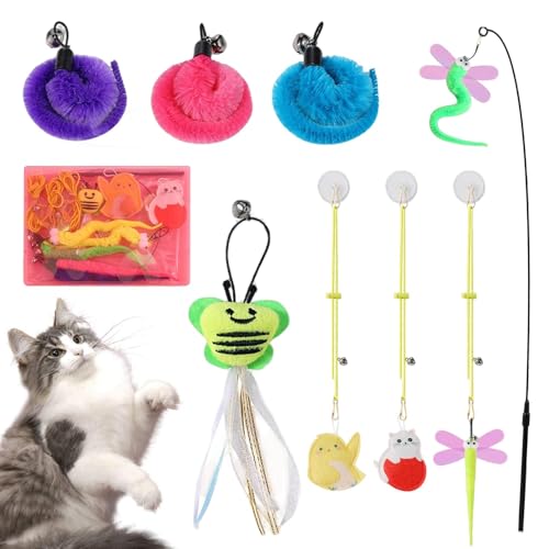 Générique Katzenfederspielzeug, interaktiv, einziehbar, 33,7 x 5,91 cm, 9 x Ersatzteaser mit Bell & Catnip, Haustierzubehör für drinnen und draußen, Kitten Training und Spielspaß von Générique