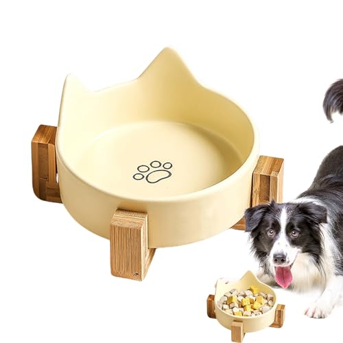 Keramik-Katzenschüsseln, auslaufsicher, für Futter- und Wassernapf mit Holzständer, Katzenohr-Design, ideal für Katzen und Hunde, Stylish & Feeding Dish, 6,1 x 6,1 x 1,69 cm von Générique