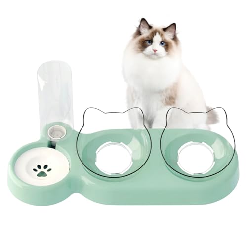 3 in 1 Katzenfutter und Wassernapf Set, 15 Grad Neigbar Katze Hohe Schüssel, Katzennapf mit Ständer und Wasserflasche, Futter- und Wasserspender für kleine und mittelgroße Hunde und Katzen (Grün) von Generisch