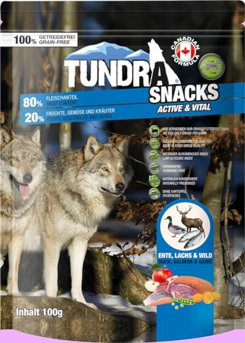 9 x Tundra Snack 80% Fleischanteil - Active & Vital - Ente, Lachs & Wild je 100 g | Hundesnack | Softsnack von Generisch
