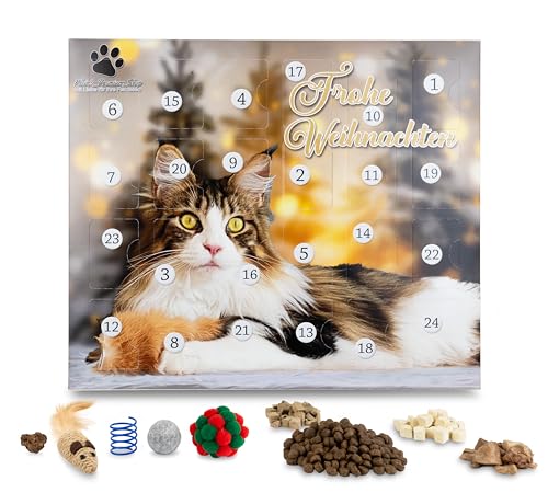 Adventskalender 2024 für Katzen - liebevoll zusammengestellter Premium-Inhalt, gefriergetrocknete Snacks und Spielzeug unter anderem aus echtem Hasenfell von Generisch