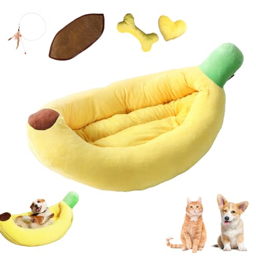 Bananenbett für Hunde, Bananen-Hundebett, Bananenförmiges Katzenbett für Hunde und Katzen, kreativ, bequem und waschbar, Bananen-Haustierbett mit abnehmbarem Kissen (Gelb + Spielzeug + Kühlmatte, 85 x von Generisch