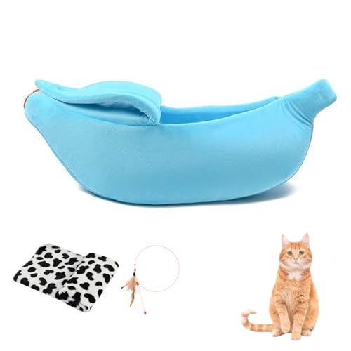 Bananenbett für Katzen, kreatives Haustierbett in Bananenform, niedlich, atmungsaktiv, gemütlich, wärmend, Haustier-Sofabett für Katzen, kleine Hunde, universell für alle Jahreszeiten (Blau + Decke, von Generisch