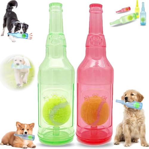 Beer Bottle with Tennis Ball Dog Chew Toy, Ball Rubber Bottle Dog Toy, Cute Squeaky Dog Toys Bottle,Interactive Bottle Toys for Dogs for Play and Training (Green + Red, L) von Generisch