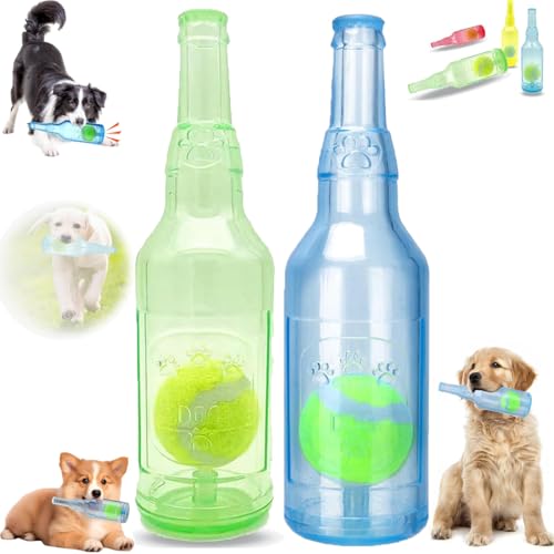 Beer Bottle with Tennis Ball Dog Chew Toy, Ball Rubber Bottle Dog Toy, Cute Squeaky Dog Toys Bottle,Interactive Bottle Toys for Dogs for Play and Training (Green +Blue, Kleine) von Generisch