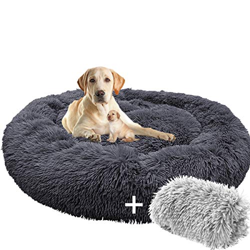 Beruhigendes Donut-Hundebett für große Hunde, extra groß, selbstwärmend, rund, Plüsch-Haustierbett mit Kunstfell, waschbar, Dunkelgrau, XL von Generisch