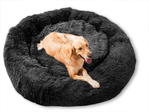 Beruhigendes rundes Hundebett, Plüschnest für extra große Hunde, weiches Kissen, Donut-Kuscheltier für Katzen, Welpen, bequemes Sofa für den Winter, 70 cm, Schwarz von Generisch