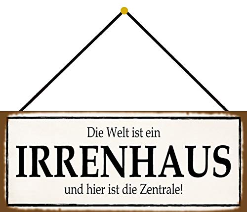 Blechschild 27x10cm gewölbt mit Kordel Die Welt ist EIN Irrenhaus Spruch Lustig Sprüche Deko Geschenk Schild von Generisch