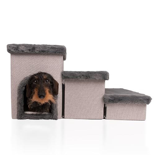 Boefie Hundetreppe mit hundehöhle - hunderampe fur kleine und ältere Hunde – kuschelhöhle - Haustiertreppe fur Hund, Katzen und Kaninchen – Hundetreppe mit Lagerfläche. (Grau) von Generisch