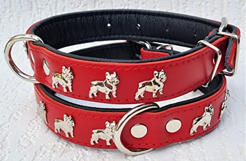 Bully Französische Bulldogge Frenchie Halsband - Halsumfang 30-39cm/30mm, 32-44cm/30mm, 36-49cm/30mm Leder ROT (3. Halsumfang 36-49/30mm/55cm) von IKIMI