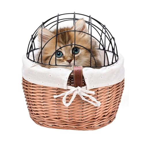 Cat Bikes Basket – Drahtkäfig oben Weide Haustierträger für Fahrräder | Weidenfahrräder vorne gewebter Fahrradkorb mit Drahtgitterabdeckung, Hundefahrräder vorne Lenkerkorb, Fahrräder vorne gewebter von Generisch