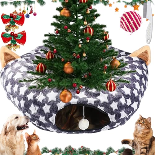 Cat Tunnel Christmas Tree, Weihnachtsbaum Tunnel Katzen, Round Cat Tunnel Under Christmas Tree, Multifunctional Soft Foldable Christmas Cat Tunnel Tree Skirt for Indoor (Star Ears, One Size) von Generisch