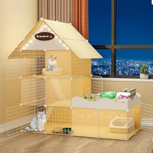 DIY Katzenkäfig mit Dach, mehrstöckiges Laufgitter mit Rampenleitern, Abnehmbares Metallgehege für drinnen und draußen DIY Katzenkäfig mit Dach, mehrstöckiges Laufgitter mit Rampenleitern, Abnehmbares Metallgehege für drinnen und draußen von Generisch