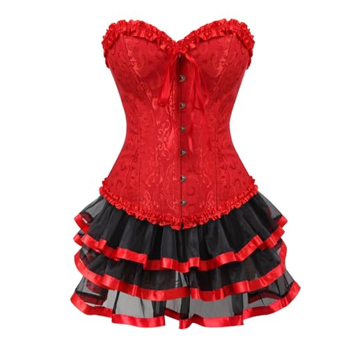 Damen Korsett Oberteil mit Rock Vintage Steampunk Schnür Korsett Gothic Taille Top Sexy Y2K Frauen Halloween Vampir Kostüm Karnevals Party Korsage Kostüm Piratenkostüm von Generisch