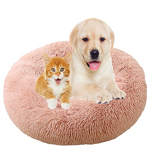 Donut-Hundebett aus Plüsch, waschbar, flauschig, warmes Kissen, Katzenmatte, rutschfeste Unterseite, abnehmbares rosa Leder, 110 cm von Generisch