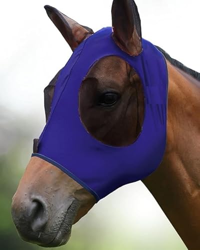 Equestrain Fliegenmaske für Pferde, super bequem, dehnbar, großer Augenraum mit UV-Schutz, weich auf der Haut mit Atmungsaktivität (Marineblau, Größe L) von Generisch