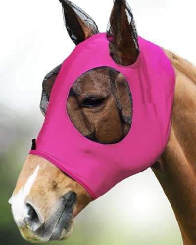 Equestrain Fliegenmaske für Pferde, super bequem, dehnbar, großer Augenraum mit UV-Schutz, weich auf der Haut mit Atmungsaktivität (Rose Pink, Full (Large)) von Generisch