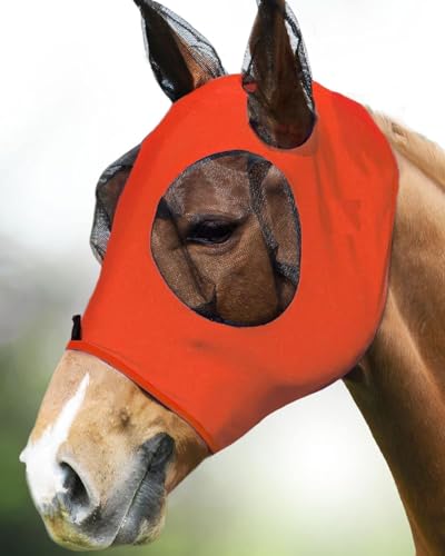 Equestrain Fliegenmaske für Pferde, super bequem, dehnbar, großer Augenraum mit UV-Schutz, weich auf der Haut mit Atmungsaktivität (Vibrant Orange, Cob (Medium)) von Generisch