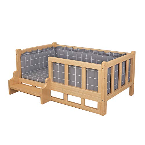 Erhöhtes Hundebett mit Treppe Holzrahmen Haustiersofa Kinderbett für Welpen/mittlere/große Hunde, waschbare weiche Matratze, Indoor Outdoor Hundesofa Zwinger von Generisch