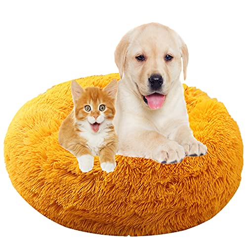 Flauschiges Plüsch-Hundebett in Donut-Form, mit waschbarem, beruhigendem Kissen, rutschfeste Unterseite, goldfarben, 111,8 cm von Generisch