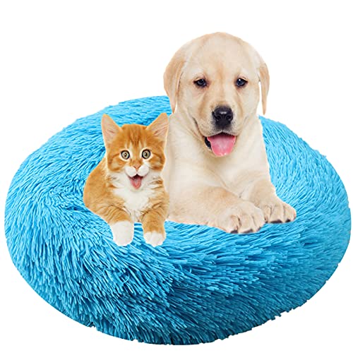 Flauschiges Plüsch-Hundebett in Donut-Form, waschbar, beruhigendes Haustierbett mit rutschfester Unterseite, Blau, 61 cm von Generisch