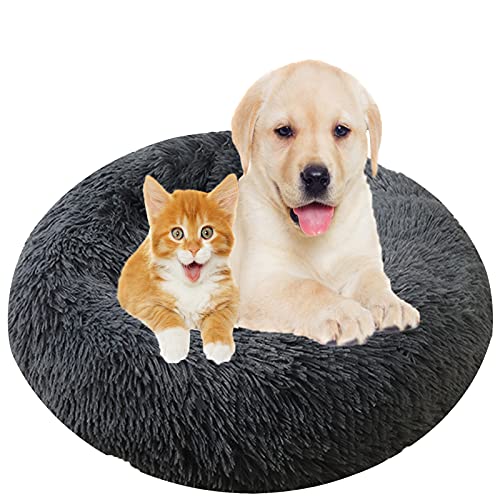 Flauschiges Plüsch-Hundebett in Donut-Form, waschbar, beruhigendes Haustierbett mit rutschfester Unterseite, Dunkelgrau, 81,3 cm von Generisch