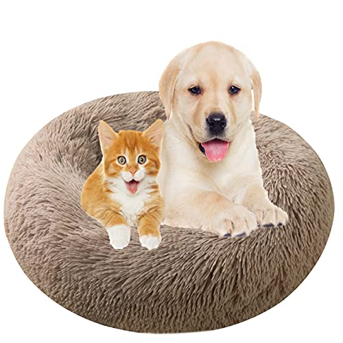 Flauschiges Plüsch-Hundebett in Donut-Form, waschbar, beruhigendes Haustierbett mit warmem Kissen, rutschfeste Unterseite, abnehmbare Katzenmatte, Khaki, 120 cm von Generisch