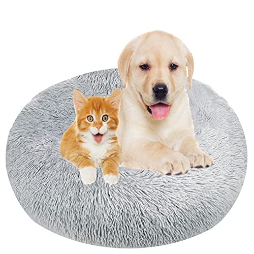 Flauschiges Plüsch-Hundebett in Donut-Form, waschbar, beruhigendes Haustierbett mit warmer Kissenmatte, rutschfeste Unterseite, abnehmbar, Hellgrau, 90 cm von Generisch