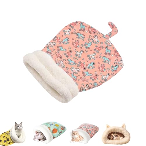 Gemütlicher Katzen-Winterschlafsack, warmes Katzenhöhlenbett, 360°-Wickel, weiches Plüsch-Haustierbett, geeignet für Haustiere unter 7,5 kg (Pink Horse A) von Generisch